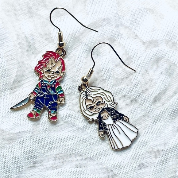 NWT Chucky & Tiffany Bride Of Horror Film Halloween Drop Dangle Earrings 🎃 - Picture 3 of 11